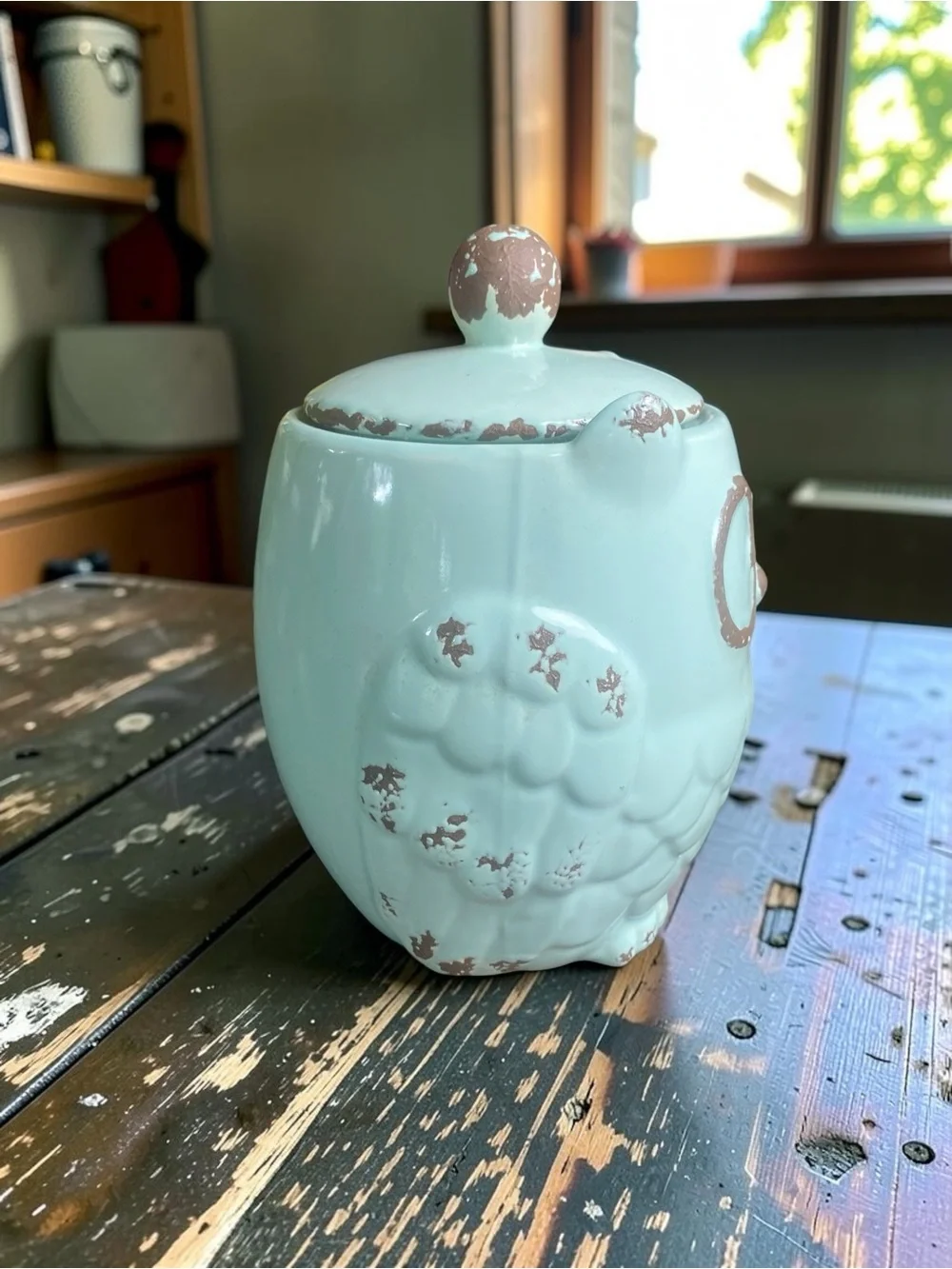 Decorative Owl Ceramic canister - light turquoise with Brown rustic patina EUC
